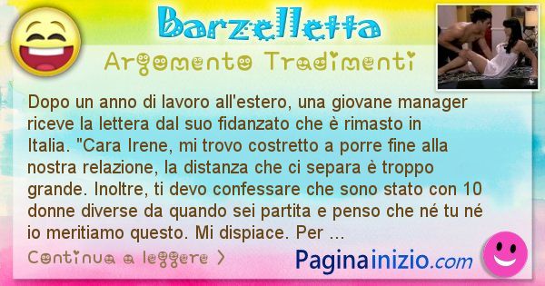 Barzelletta argomento Tradimenti: Dopo un anno di lavoro all'estero, una giovane manager ... (id=2540)