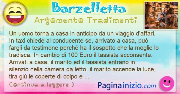 Barzelletta argomento Tradimenti: Un uomo torna a casa in anticipo da un viaggio d'affari. ... (id=3085)