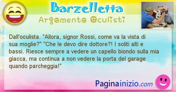 Barzelletta argomento Oculisti: Dall'oculista. Allora, signor Rossi, come va la vista di ... (id=2331)