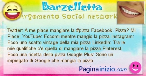 Barzelletta argomento Social network: Twitter: A me piace mangiare la #pizza Facebook: ... (id=2349)