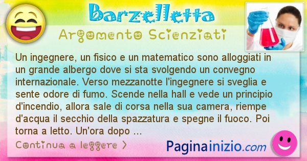 Barzelletta argomento Scienziati: Un ingegnere, un fisico e un matematico sono alloggiati ... (id=798)