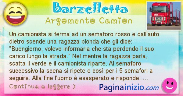 Barzelletta argomento Camion: Un camionista si ferma ad un semaforo rosso e dall'auto ... (id=2457)