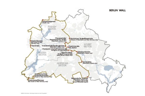 Mappa del muro di Berlino con le aree d'occupazione